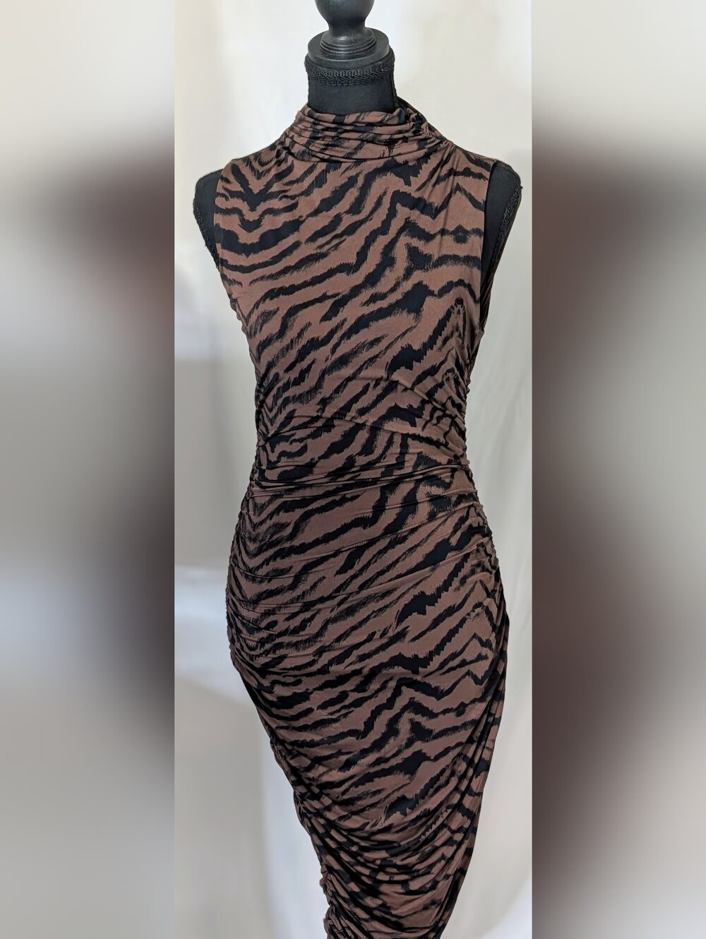 Express Zebra Print Ruched Bodycon Asymmetrical Mock Neck Dress XS